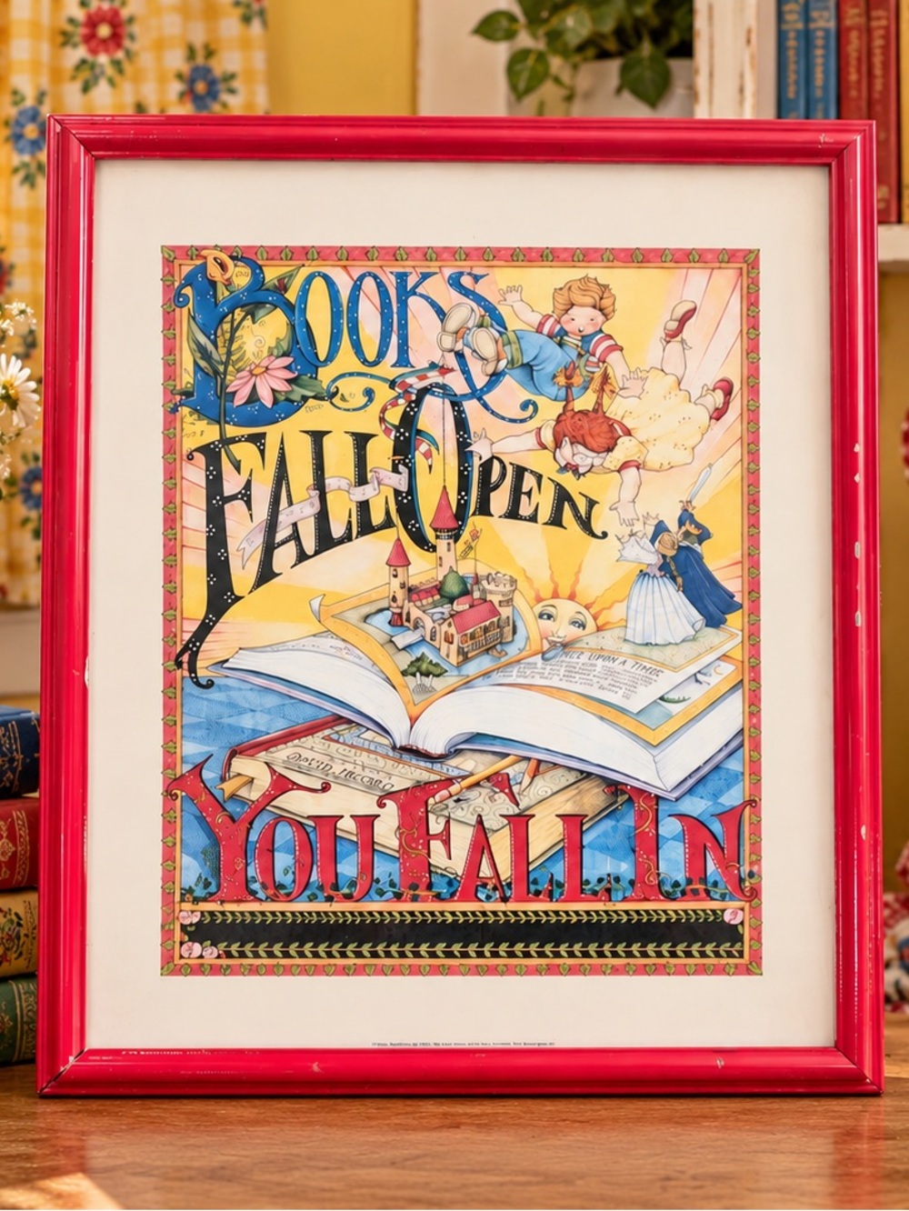 Vintage 1998 Mary Engelbreit Books Fall Open Framed Print Grandmacore Decor